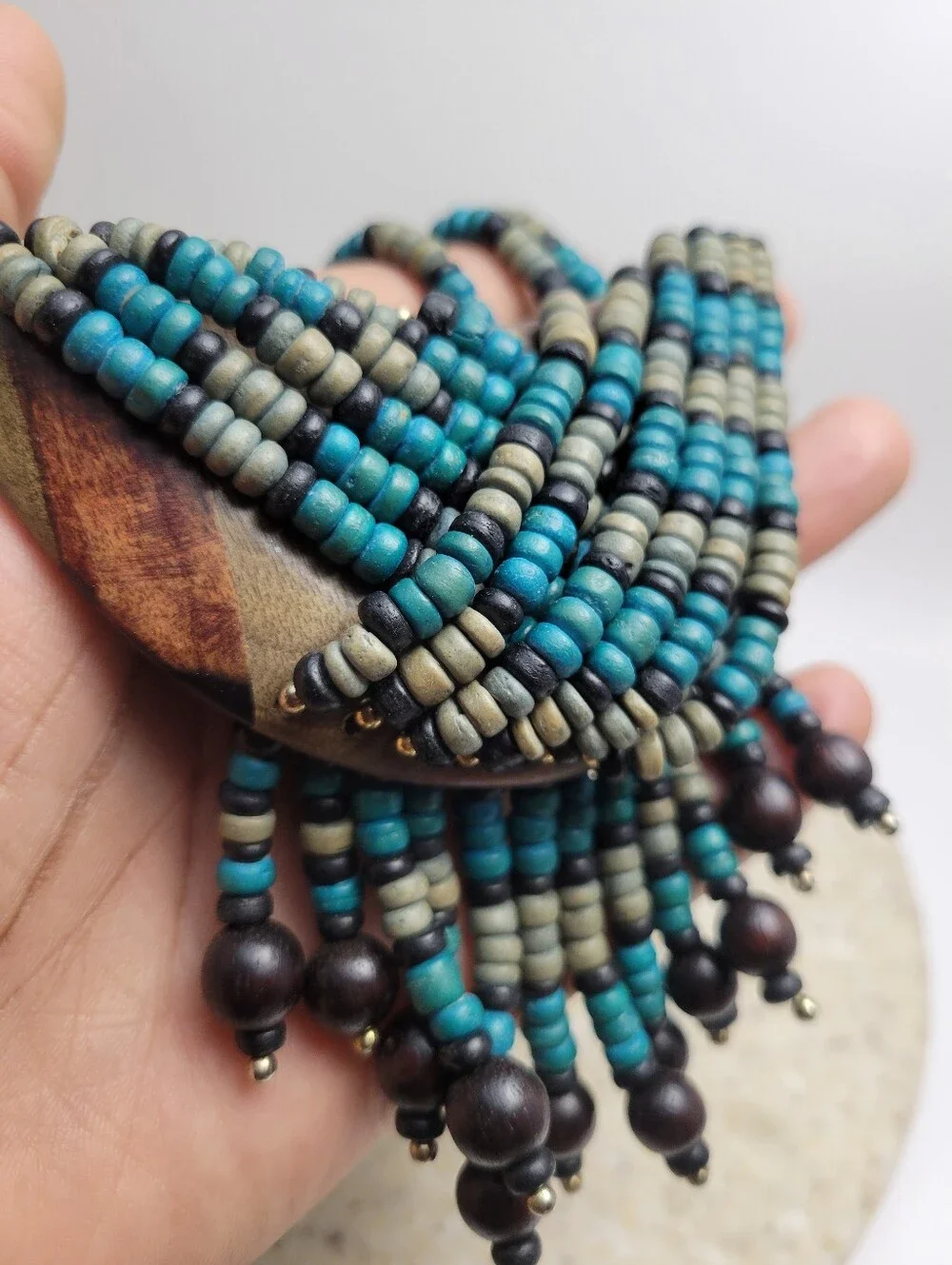 Vintage Tribal Wood Bead Fringe Statement Necklace